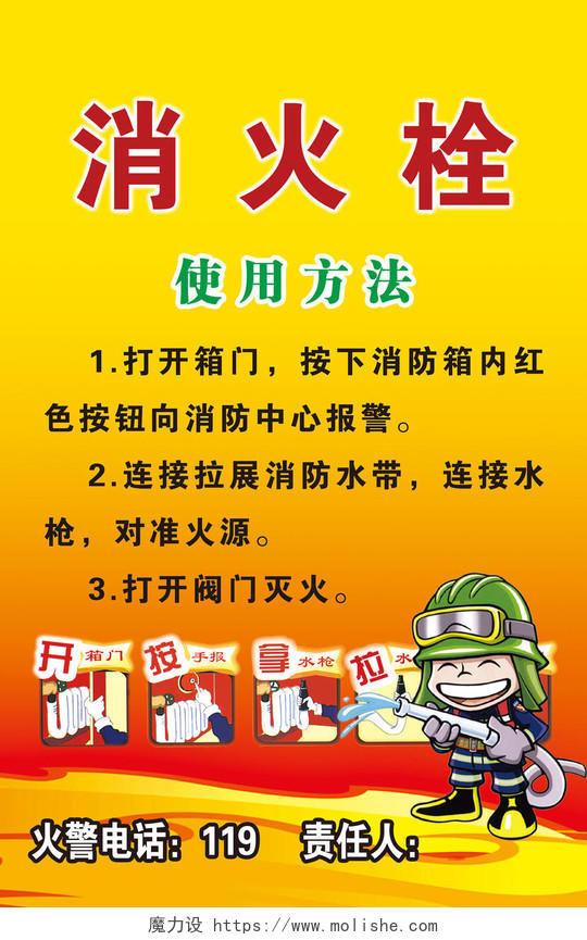 消防安全119安全意识消火栓使用方法卡通宣传栏